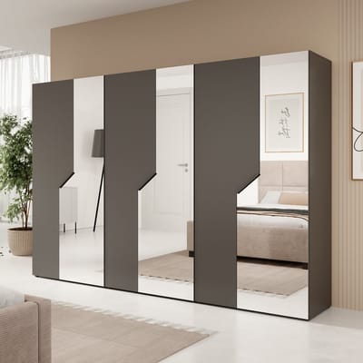 Meubella - Arena - Kledingkast 6-deurs - Spiegel - Zwart - 300x202x50cm