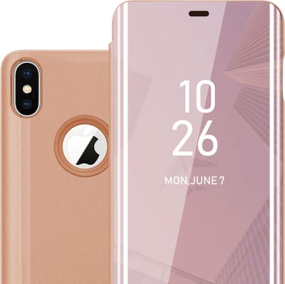 Cadorabo Hoesje geschikt voor Apple iPhone XS MAX in KUNZIET ROZE - Clear View Spiegel Beschermende Case met Tribunefunctie 360 Graden Bescherming Book Case Cover Etui