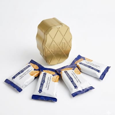 Jules Destrooper Butter Crisp Tin - Natuurboterwafels in luxe geschenkdoos - 96g - 16 koekjes (4 zakjes) - Belgische koekjes met echte boter in bewaarblik - Hofleverancier sinds 1886 - Cadeau bij koffie of thee
