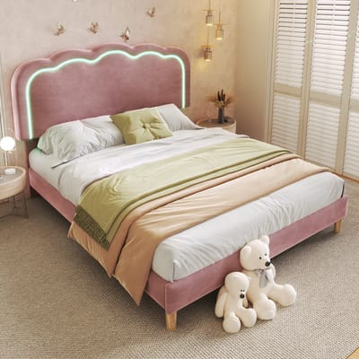 Merax Tweepersoonsbed met LED Verlichting en Verstelbaar Hoofdbord - Gestoffeerd Bed 140x200 cm - Roze