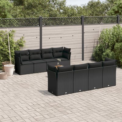 vidaXL - 9-delige - Loungeset - met - kussens - poly - rattan - zwart
