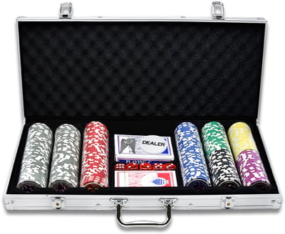 NAIZY Pokerkoffer, pokerset met aluminium behuizing, 500 laserpokerchips, professionele pokerset incl. 2 x pokerdecks, 3 x dealerknop, 5 x dobbelstenen, 2 x sleutels (zilver)