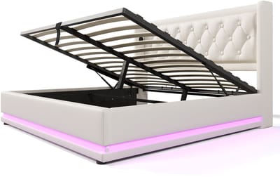 COVREO Bedframe 140x200 cm wit PU, opbergruimte, LED en USB-C, zonder matras