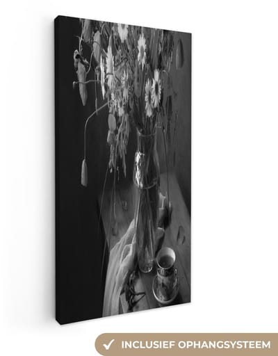 Canvas schilderij 20x40 cm - Wanddecoratie Boeket - Bloemen - Olieverf - Stilleven - Zwart - Wit - Muurdecoratie woonkamer - Slaapkamer decoratie - Kamer accessoires - Schilderijen op canvas