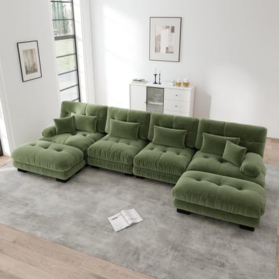 DESMIU U-Bank 406 Cm - Modulaire 4-Zits Hoekbank Met Verplaatsbare Ottoman - Voor Woonkamer En Kantoor - Chenille Groen