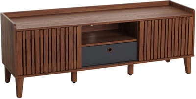TV-rek MCW-M48, lowboard TV-meubel, schuifdeur 56x150x40cm ~ walnoot look, donkergrijze lade
