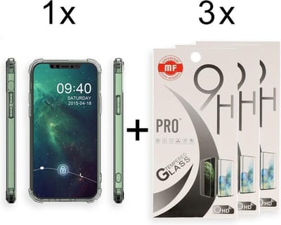 iPhone 12 Mini Hoesje en 3 X iPhone 12 Mini Screenprotector - iPhone 12 Mini Hoesje Transparant Shock Proof Case + 3 X Screen Protector Glas