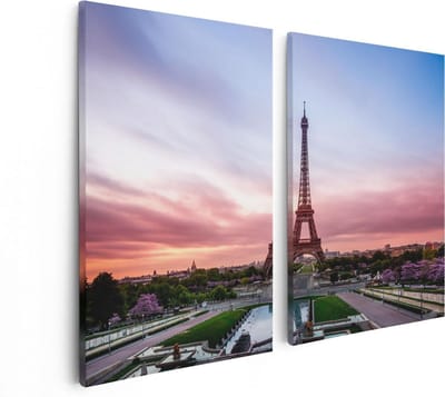 Artaza Canvas Schilderij Tweeluik Eiffeltoren In Parijs Met Kleurrijke Hemel - 80x60 - Foto Op Canvas - Canvas Print