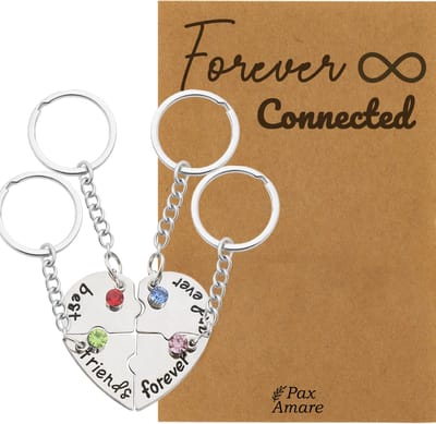 BFF Sleutelhanger voor 4 'Forever Connected' - Hartje Puzzelstukjes & Kristal - Sleutelhanger set op Cadeau Kaartje - Zilverkleurig - Vriendschap Symbool - Pax Amare