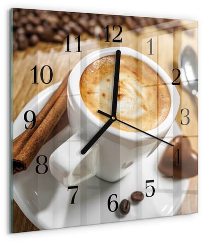 Tulup Wandklok - Koffie Wandklok Glas Met Motief - 30x30 cm - Bruin Decoratieve Glazen Klok - Zwarte Handen - Vierkante Wandklok - Gekleurde Glazen Klok - Glazen Klok Met Print