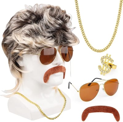 Retro 1980s mannen kostuum met vokuhila pruik, snor, kettingring en zonnebril voor cosplay en Halloween feestjes