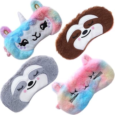 4 Pack Slaapmaskers voor Meisjes - Zacht Pluche met Dierenmotieven