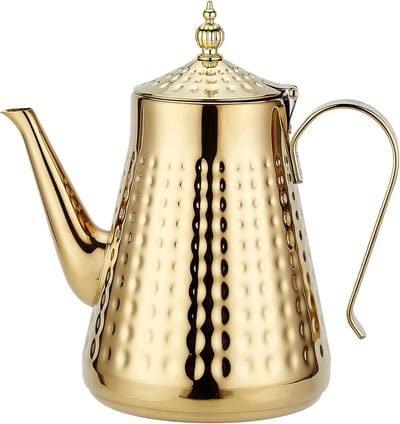 Unyqoos ® Elegante Goudkleurige Theepot van Roestvrij Staal met Hamerpatroon en Fijn Theefilter, 1,8 Liter Capaciteit