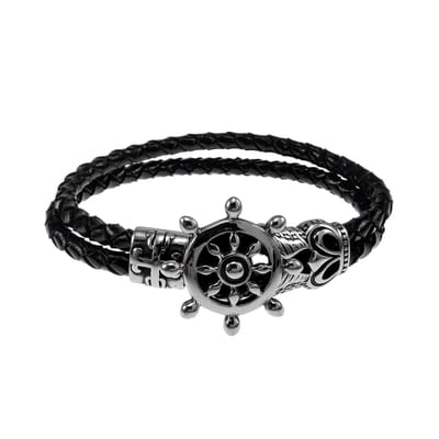 Brede Armband, Nautische Armband van Gevlochten Echt Leer met RVS Stuurwiel Sluiting – Heren