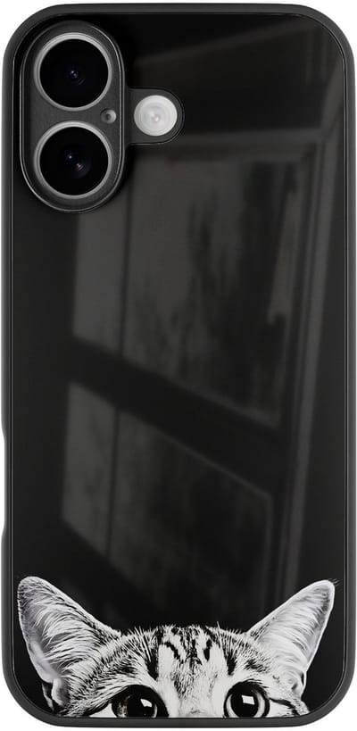 Hoesje geschikt voor Apple iPhone 16 - Kat kiekeboe - Zwart - TPU luxe case (glossy toplaag) - Print - Hardcase backcover zwart