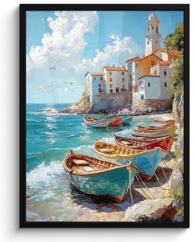 Poster in lijst - Fotolijst 50x70 cm - Posters - Boten - Rotsen - Zee - Zon - Posterlijst zwart - Decoratie - Wanddecoratie woonkamer - Muurdecoratie slaapkamer