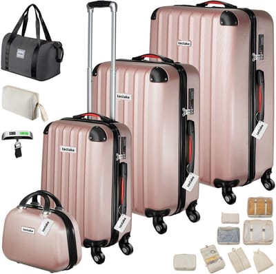 tectake® 19-delige Kofferset - Reiskoffer Set met Bagageweegschaal, Label en Accessoires - 360° wielen - ABS Harde Schaal - Koffer met TSA-Cijferslot - Stapelbaar - Trolley Handbagage - Ruimbagage - 95L, 64L, 39L Koffers en Beautycase - Rosegoud