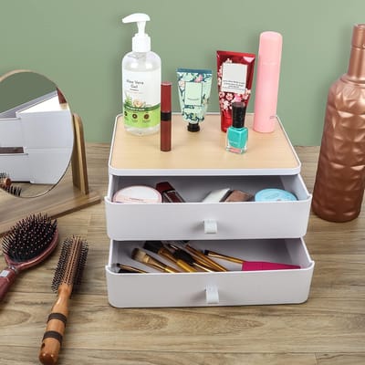 Bureau-organizer in houtlook met 2 witte laden - Kaptafel-organizer van PP-kunststof - Bureau-organizer voor kantoorbenodigdheden, pennen, huishoudgerei en cosmetica-opslag