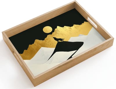 Dienblad hout 40x30 cm - Schootdienblad - Wolf - Bergen - Maan - Zwart - Borrelplank rechthoek - Plateau dienbladen