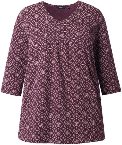 Ulla Popken - Dames - Shirt A-lijn sierplooien V-hals driekwartsmouwen - Pruim - Maat 62+