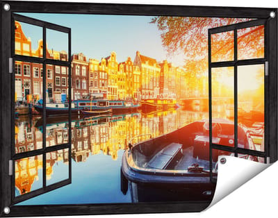 Gards Tuinposter Doorkijk Amsterdamse Brug - Gracht - met Bloemen - 90x60 cm - Tuindoek - Tuindecoratie - Wanddecoratie buiten - Tuinschilderij