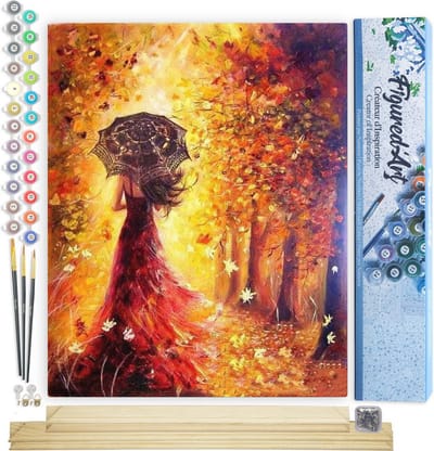 Figured'Art Schilderen op Nummer Volwassenen canvas Herfstbos en vrouw met paraplu - Handwerk acrylverf Kit DIY Compleet - 40x50cm met DIY houten lijst