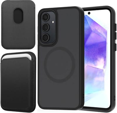 Hoesje + Pasjeshouder geschikt voor Samsung Galaxy A55 - Portemonnee geschikt voor MagSafe - Magnetisch - Pasjes Houder - Creditcardhouder - Zwart