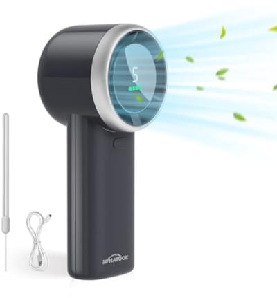 Draagbare Handventilator – 8,5 m/s Brushless Motor – 5 Standen – LED Display – USB-C Snel Opladen – 13.500 RPM – Voor Outdoor – Gym & Reizen – Zwart