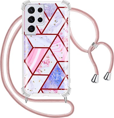 Geschikt voor Samsung Galaxy S23 Ultra 5G Hoesje met koord marmer glitter