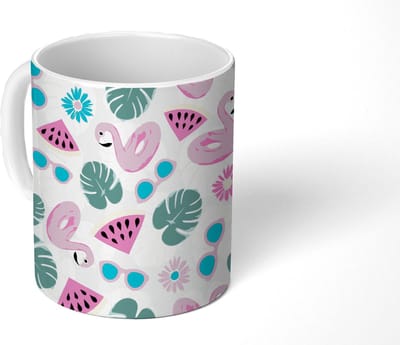 Mok - Koffiemok - Zomer - Patroon - Flamingo - Monstera - Mokken - 350 ML - Beker - Koffiemokken - Theemok