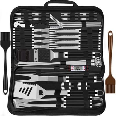 Famanu – BBQ-grillbestekset - roestvrij staal - barbecue-accessoires voor mannen - cadeau - verjaardag - hoogwaardige barbecueaccessoires - set koffer met grillkoffer en grillmat voor tuin