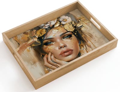 Dienblad hout 40x30 cm - Schootdienblad - Vrouw - Bloemen - Goud - Portret - Borrelplank rechthoek - Plateau dienbladen