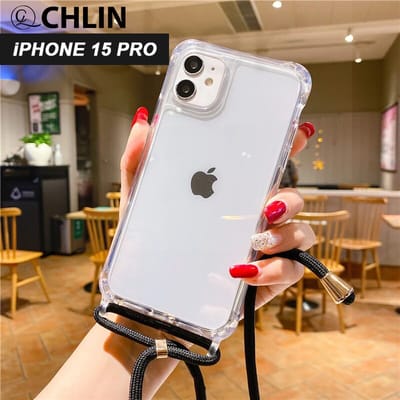 CL CHLIN® - iPhone 15 Pro transparant hoesje met ZWART koord - Hoesje met koord iPhone 15 Pro - iPhone 15 Pro case - iPhone 15 Pro hoes - iPhone hoesje met cord - iPhone 15 Pro bescherming - iPhone 15 Pro protector.