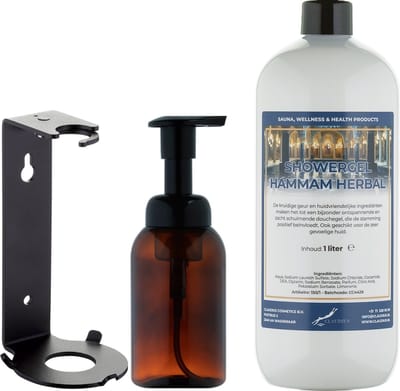 Zeepdispenser 300 ml amber bruin hervulbaar + 1 liter Showergel Hammam Herbal navulling (inclusief beugel)