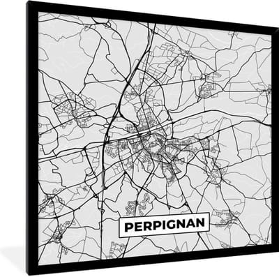 Fotolijst incl. Poster - Plattegrond - Kaart - Stadskaart - Frankrijk - Perpignan - 40x40 cm - Posterlijst