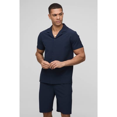 Regular Fit Seersucker Streep Overhemd & Shorts Set | Navy | Size XS