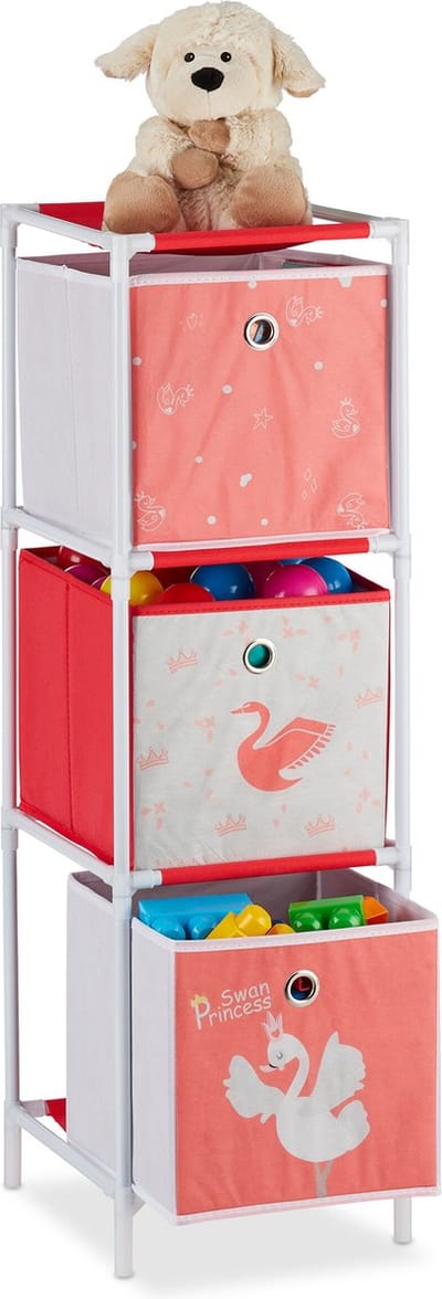 speelgoedkast - met 3 manden - meisjes - zwaan thema - 89x27,5x30 cm - wit-rood