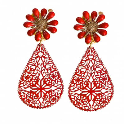 Clip oorbellen -Madelief- rood-filigraan- ster- geen gaatje- Charme Bijoux