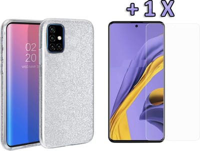HB Hoesje Geschikt voor Samsung Galaxy A51 - Siliconen Glitter Back Cover + Tempered Glazen Screenprotectors - Zilver