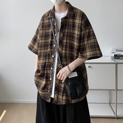 Ruitjes Korte Mouwen Shirt Heren Zomer Japans Retro Losse Casual Vijf Punten Mouw Shirt Jas L gray