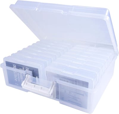 fotodozen, 16 x 11 cm, transparante foto-opbergdoos, 16 binnenfotohouders, foto-organizer van kunststof, voor kaarten, stickers, handwerk, kantoorbenodigdheden