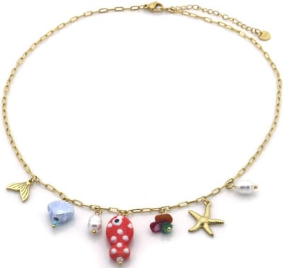 Ketting met Bedels - Goudkleurig - Vrolijk Gekleurde Bedels - Zeester Schelpjes Parels - RVS - Stainless Steel