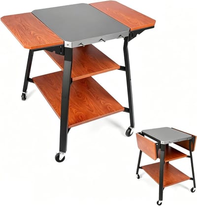 Grill Trolley met RVS Werkblad, BBQ Trolley met Vouwbare Zijkanten en Opbergruimte, Mobiele Buitenkeuken met Wielen voor Barbecue en Pizza Oven