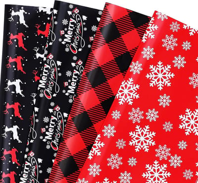 Kerst inpakpapier set - 12 Vellen Feestelijk Rood, Zwart & Wit Design - Cadeaupapier voor Kinderen en Volwassenen
