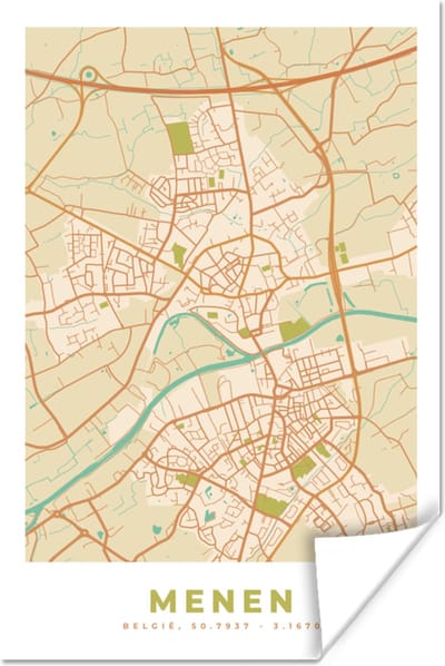 Poster Vintage - Menen - Kaart - Stadskaart - Plattegrond - 120x180 cm XXL