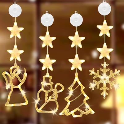 4 stuks led-raamdecoratie voor Kerstmis, kerstverlichting, raam, kerstdecoratie voor binnen, met zuignappen, sneeuwvlokken, sneeuwpop, engel en kerstboommotieven, warm wit licht, werkt op batterijen