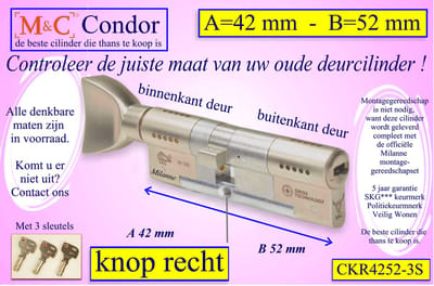 M&C Condor high security cilinderslot met Knop OVAAL 42x52 mm - SKG*** - Politiekeurmerk Veilig Wonen  -  inclusief gereedschap montageset