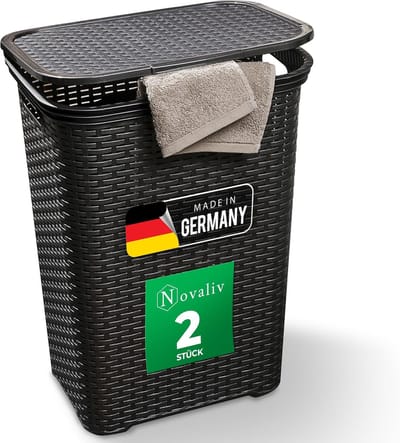 Set van 2 rotan wasmanden met deksel 60L zwart, wasboxset wasemmer wascontainer modern voor badkamer was vuile was, wasmanden vuile wascontainer opvangmand