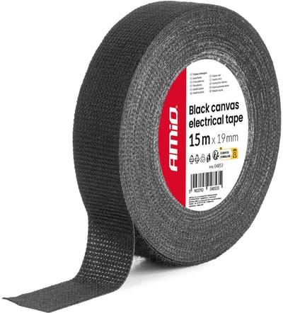 AMiO Stoffen Isolatietape Zwart 19mm x 15m x 0.4mm - Professionele Kabelisolatie Tape voor Auto, Elektrische Installaties en Werkplaats Toepassingen