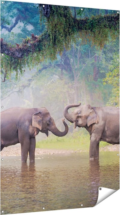 Gards Tuinposter Twee Olifanten in het Water - 120x180 cm - Tuindoek - Tuindecoratie - Wanddecoratie buiten - Tuinschilderij